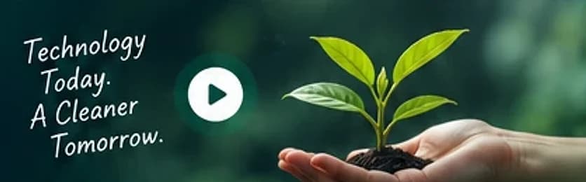 Technology today, a cleaner tomorrow — a young plant held in a hand